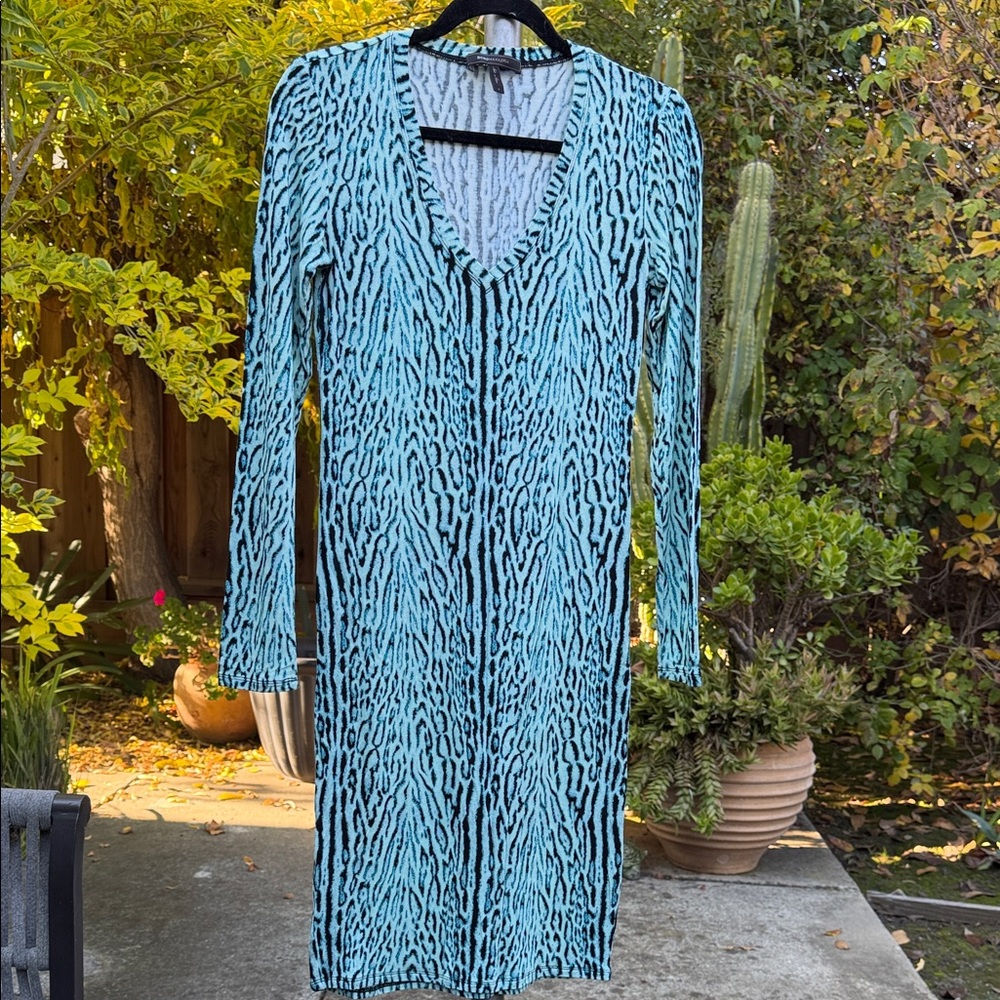 BCBGMaxAzria Blue and Black Patterned Long Sleeve Dress